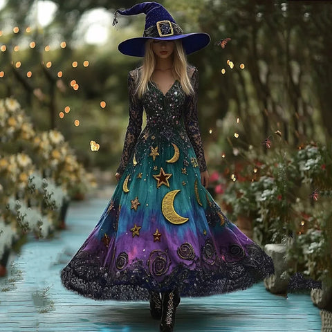 Women's Halloween Gradient Tarot Star Moon Design Witch Maxi Dress