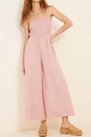 Smocked Linen Blend Wide-Leg Jumpsuit