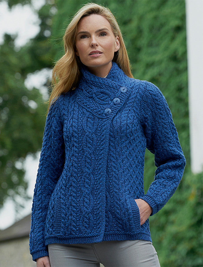 Luxurious Authentic Irish Cable Crossover Neck Wool Sweater for Women