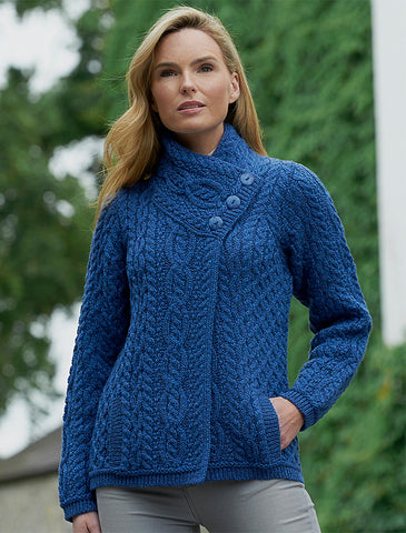 Luxurious Authentic Irish Cable Crossover Neck Wool Sweater for Women