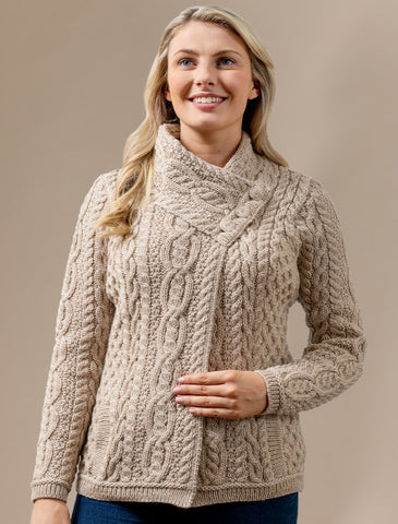 Luxurious Authentic Irish Cable Crossover Neck Wool Sweater for Women