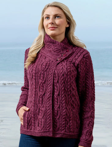 Luxurious Authentic Irish Cable Crossover Neck Wool Sweater for Women