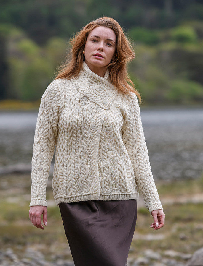 Luxurious Authentic Irish Cable Crossover Neck Wool Sweater for Women