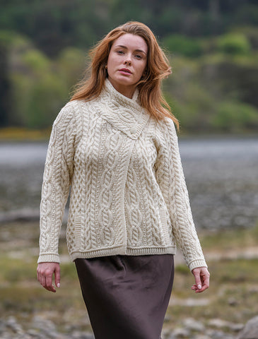 Luxurious Authentic Irish Cable Crossover Neck Wool Sweater for Women