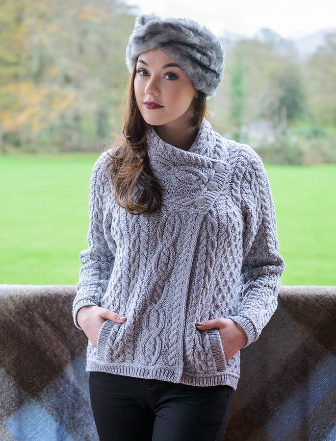 Luxurious Authentic Irish Cable Crossover Neck Wool Sweater for Women