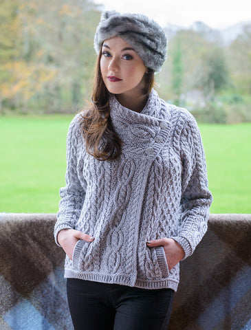 Luxurious Authentic Irish Cable Crossover Neck Wool Sweater for Women