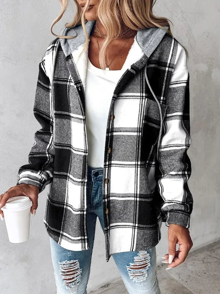 Women's Plaid Button Down Fleece Lined Hooded Jackets Warm Coat