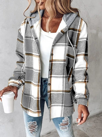 Women's Plaid Button Down Fleece Lined Hooded Jackets Warm Coat
