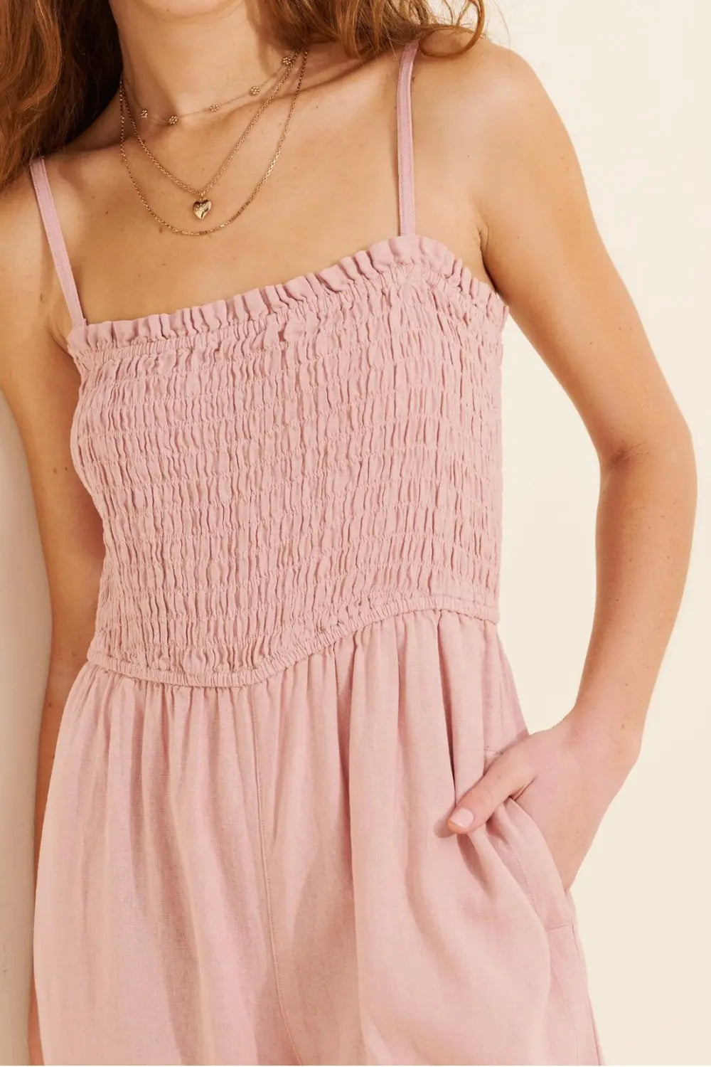 Smocked Linen Blend Wide-Leg Jumpsuit