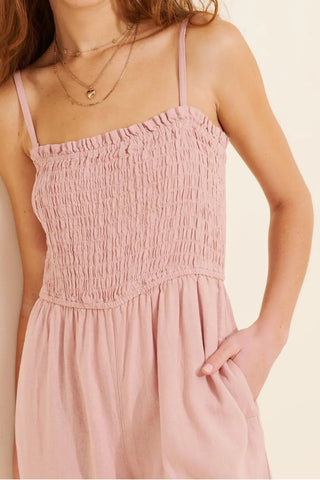 Smocked Linen Blend Wide-Leg Jumpsuit