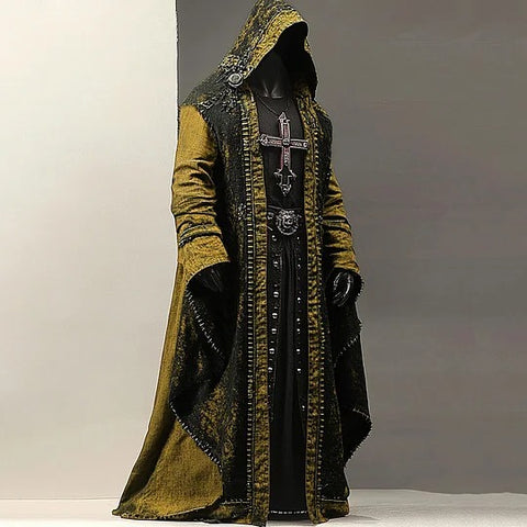 Men's Halloween Gradient Cross Rivet Monk Linen Hooded Cape