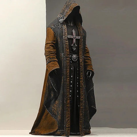 Men's Halloween Gradient Cross Rivet Monk Linen Hooded Cape