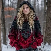 Women's Vintage Viking Tribal Celtic Skull Gradient Art Chunky Knit Hooded Sweater